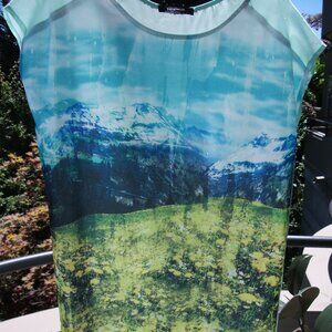 Mountain landscape sheer blouse with train